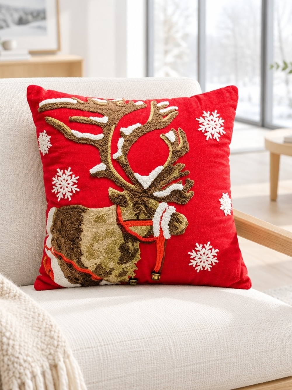Christmas Reindeer Throw Pillows 16x16 Textured Reindeer Embroidered Snowflakes